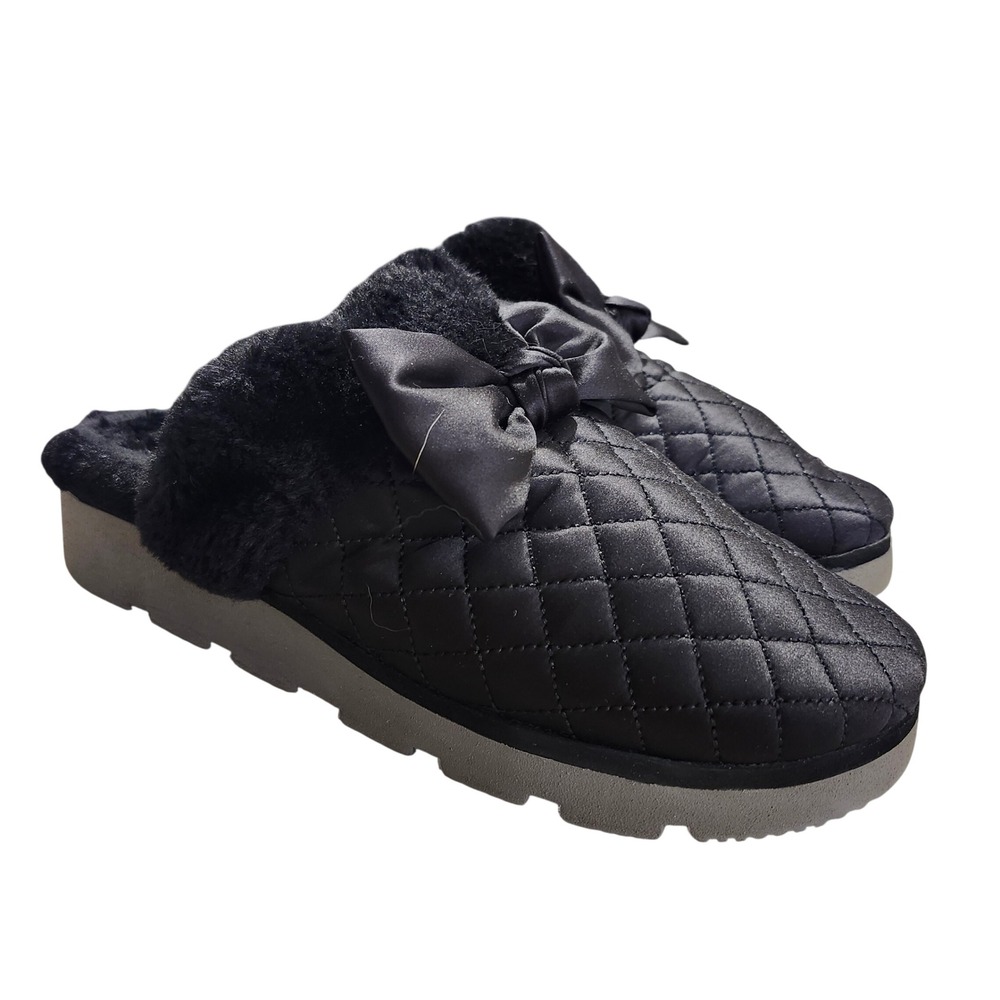 Vionic Promise Slippers Womens 8 Black Quilted Faux Fur Bow Orthotic Mules